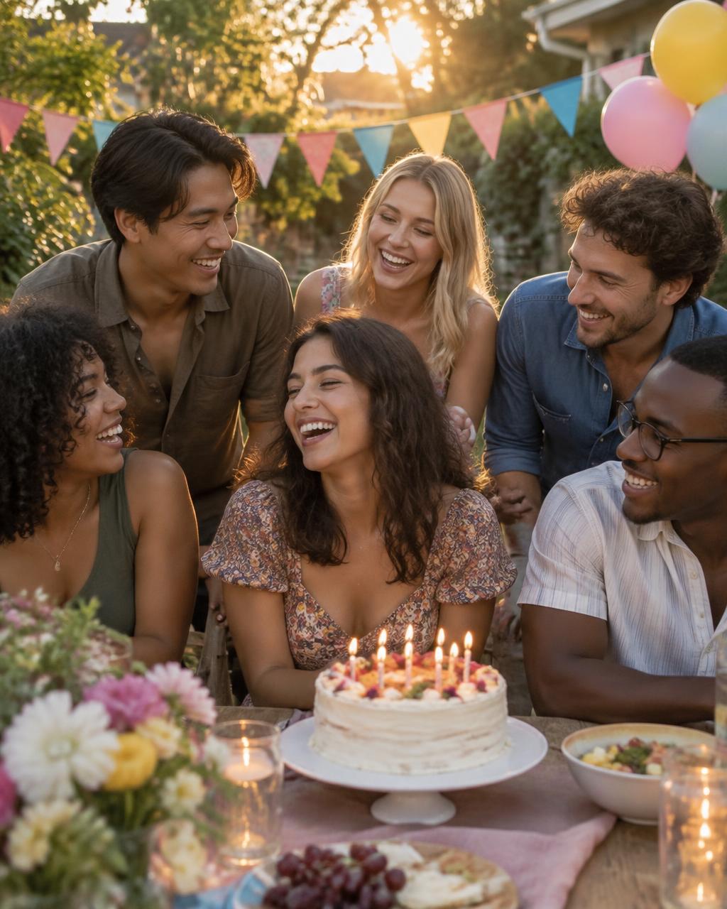 Friends laughing at a garden birthday celebration